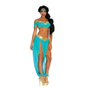 NEW LEG AVENUE Medium Oasis Princess Costume Teal Gold Top Pants Clear Straps